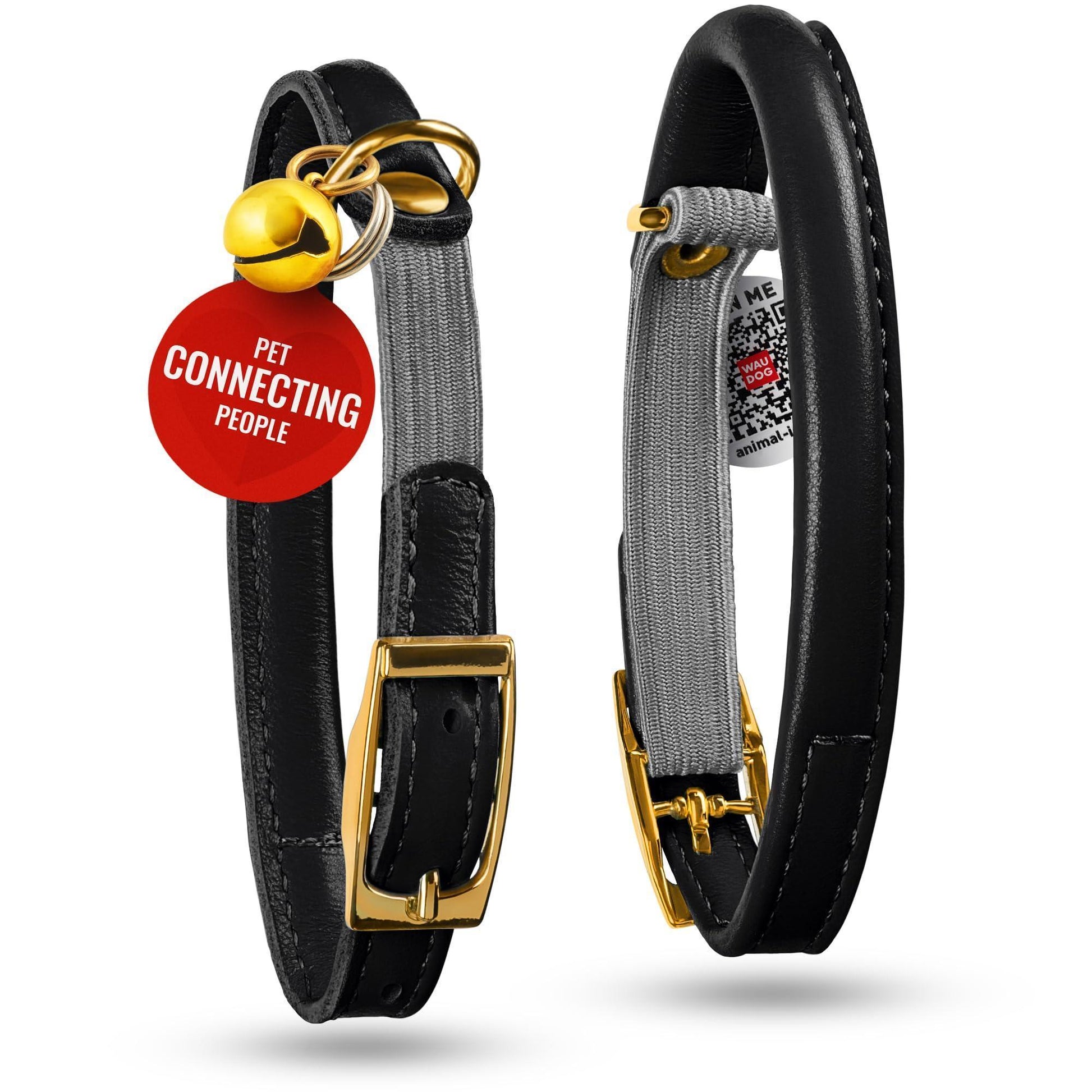 WAUDOG Ultra Soft Rolled Leather Cat Collar with Removable Bell Safety Elastic Strap and QR ID Tag. Black. (Medium) For Pet With Love
