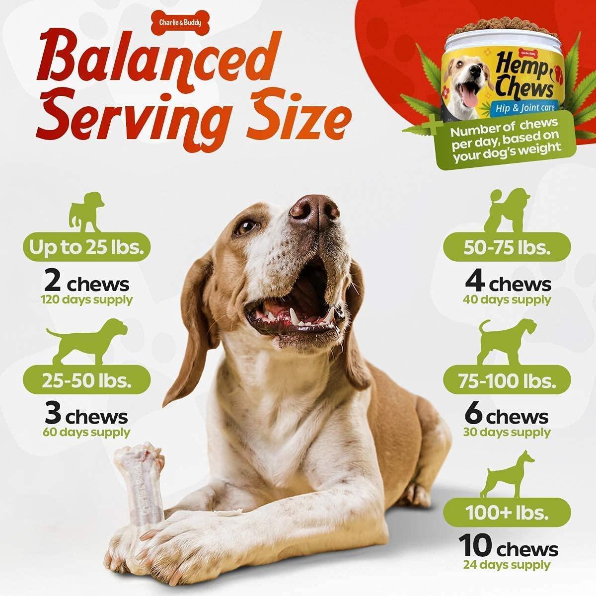 Charlie and Buddy Hemp Dog Hip and Joint Supplement w/Glucosamine Chondroitin 120 Ct For Pet With Love