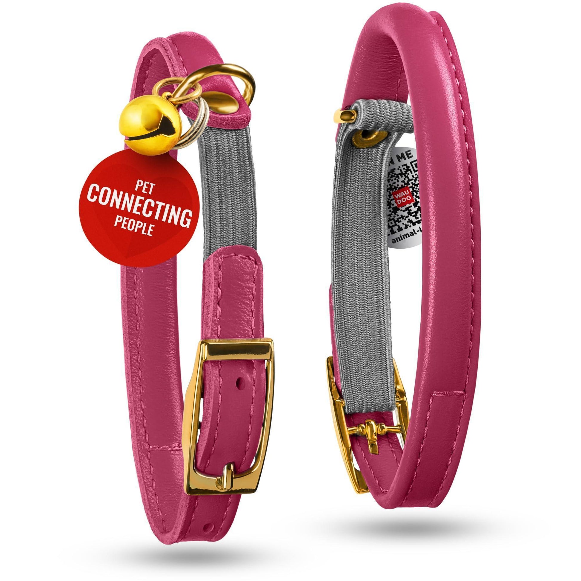 WAUDOG Ultra Soft Rolled Leather Cat Collar with Removable Bell Safety Elastic Strap and QR ID Tag. Pink. (SMALL) For Pet With Love