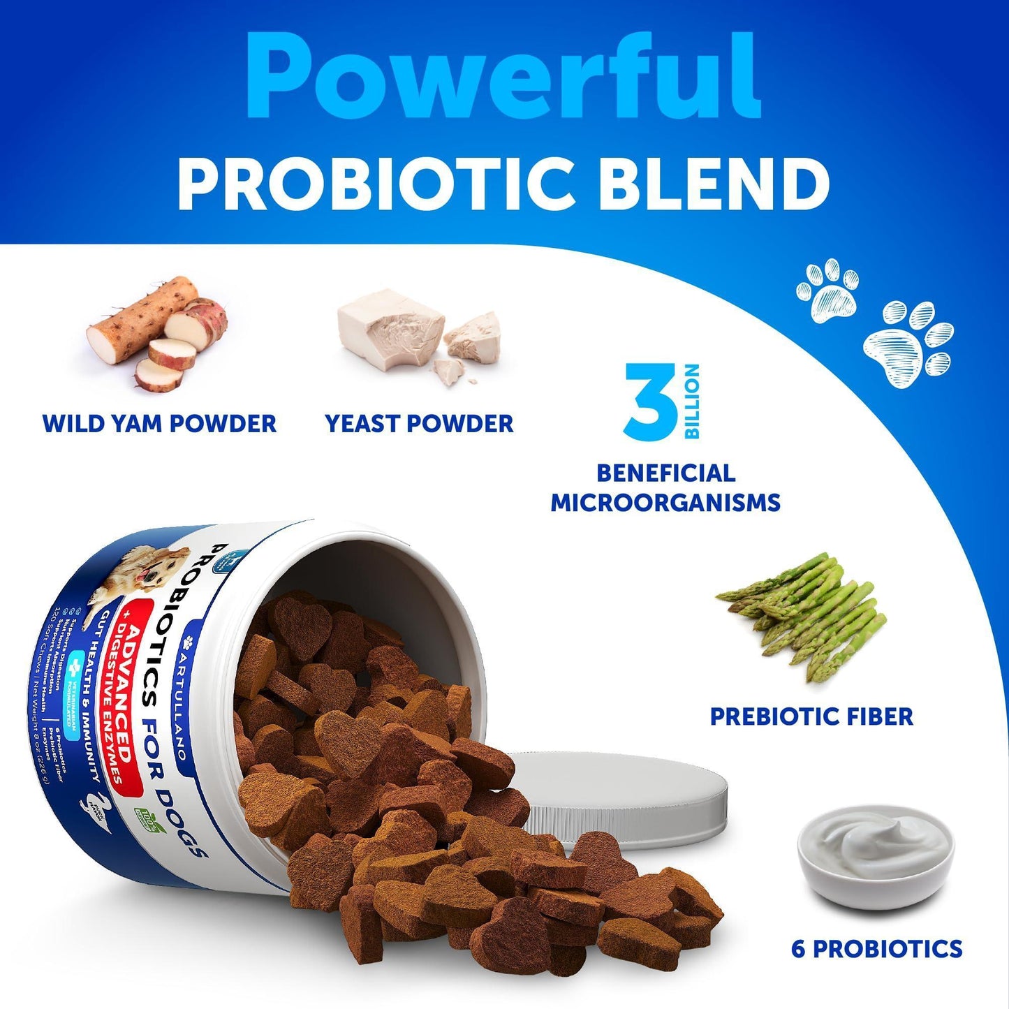 Artullano Probiotics for Dogs. Probiotics Digestive Enzymes with Prebiotic Fiber for Gut Health, Itchy Skin, Allergies, Immunity Yeast Balance. (2-Pack) 240 Treats