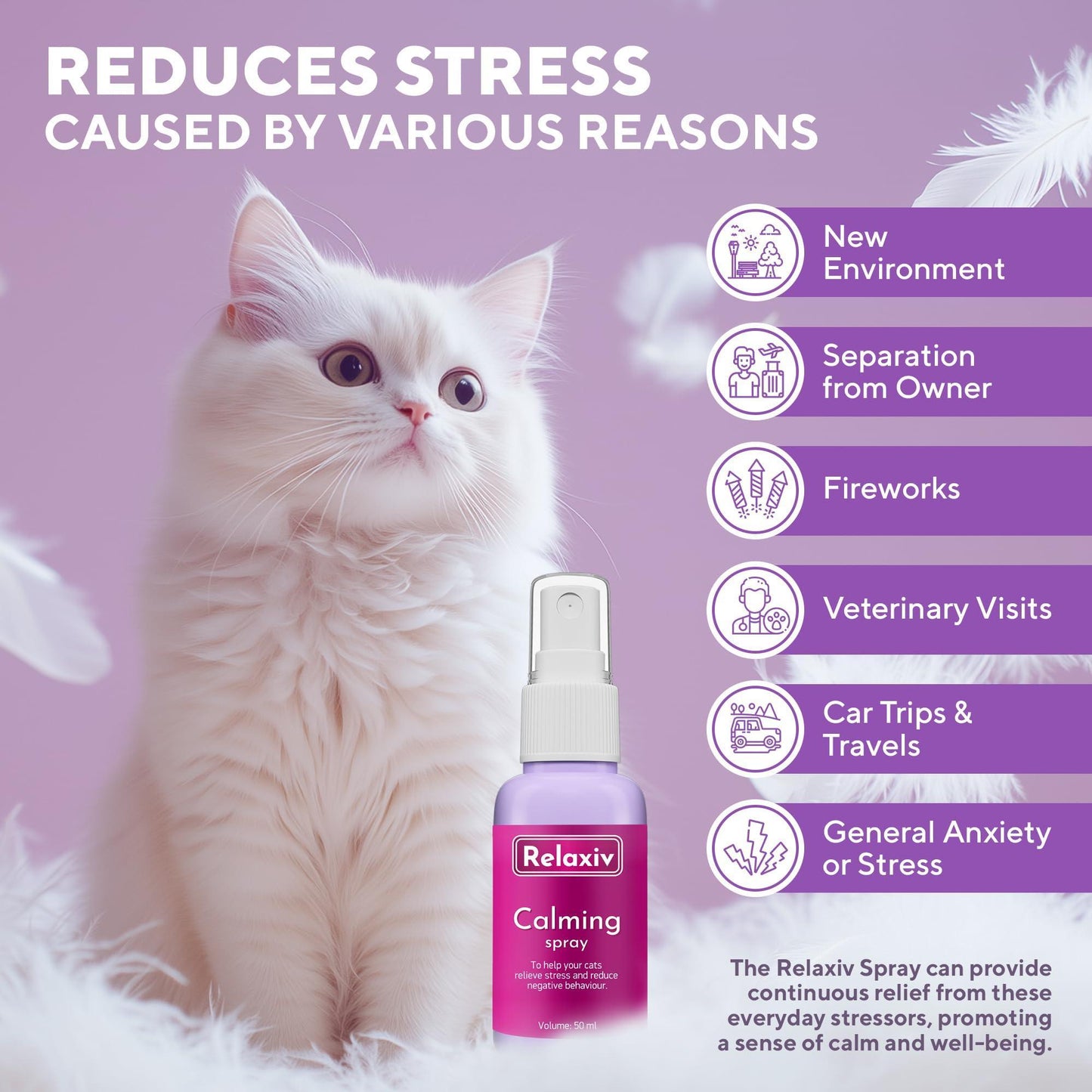 Beloved Pets RELAXIV Calming Pheromone Spray & Scratch Repellent for Cats. Reduces Furniture Scratching,  Fighting and Hiding. Helps to Relief Stress During Travel, Fireworks, Thunder, Vet Visits. 50mL For Pet With Love