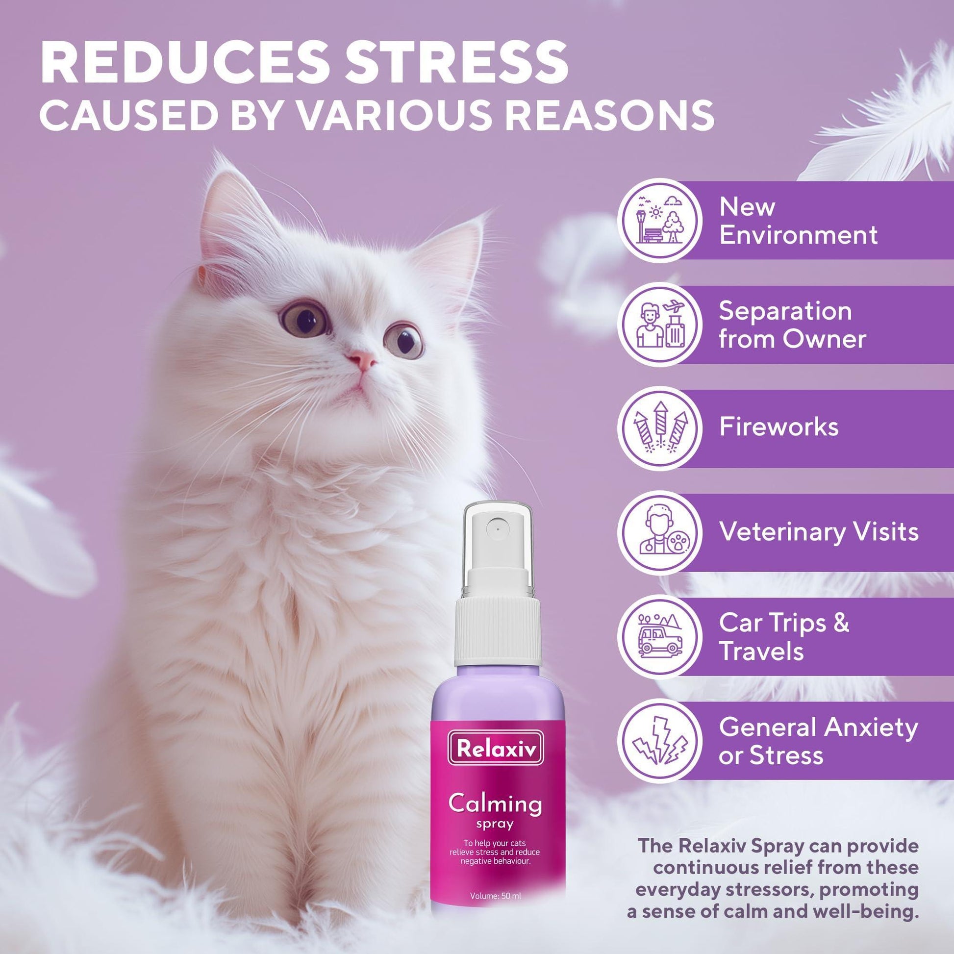 Beloved Pets RELAXIV Calming Pheromone Spray & Scratch Repellent for Cats. Reduces Furniture Scratching,  Fighting and Hiding. Helps to Relief Stress During Travel, Fireworks, Thunder, Vet Visits. 50mL For Pet With Love