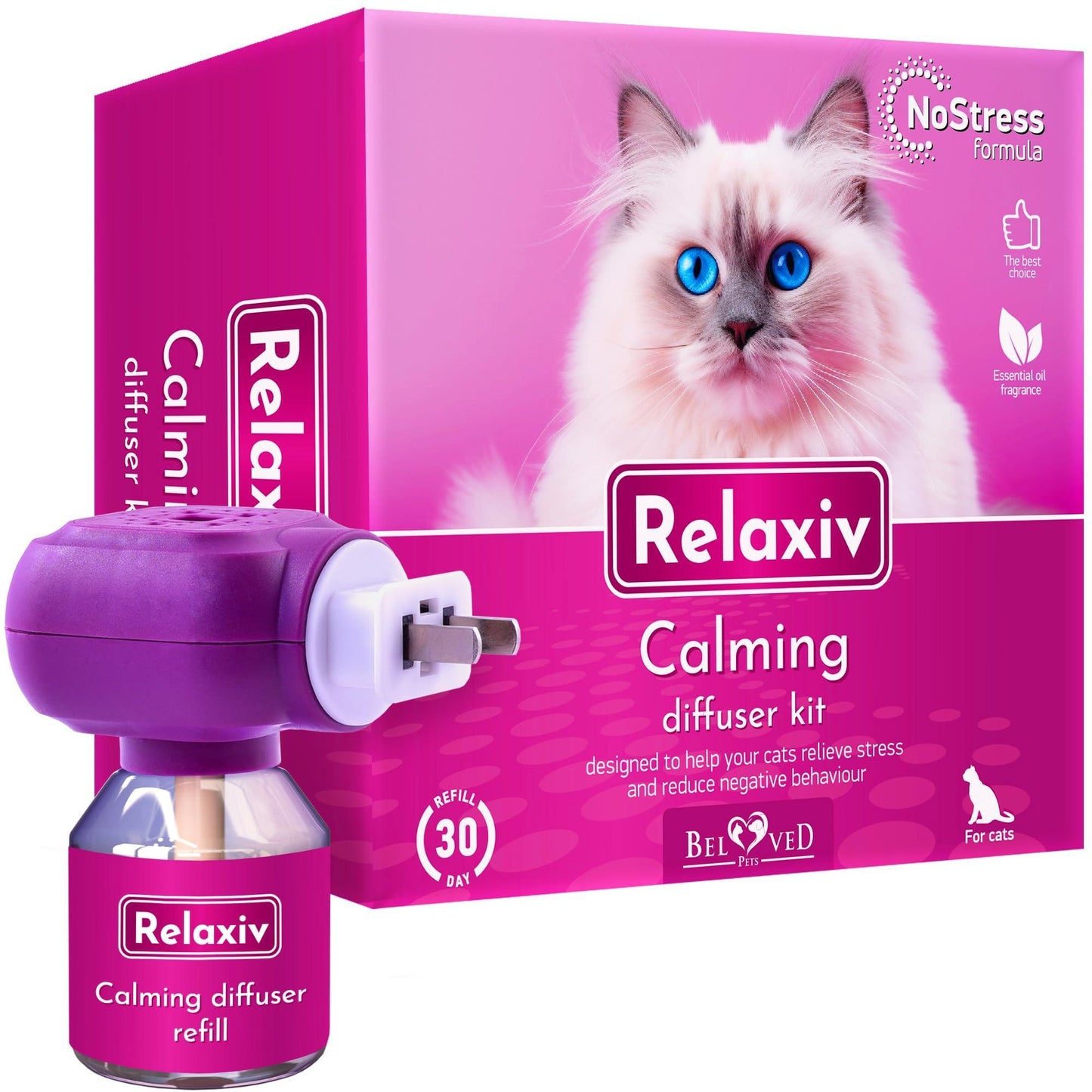 Beloved Pets RELAXIV Natural Cat Calming Pheromone Diffuser. Improved No Stress Formula Anti Anxiety Treatment #1 for Cats with Long Lasting Calming Effect For Pet With Love