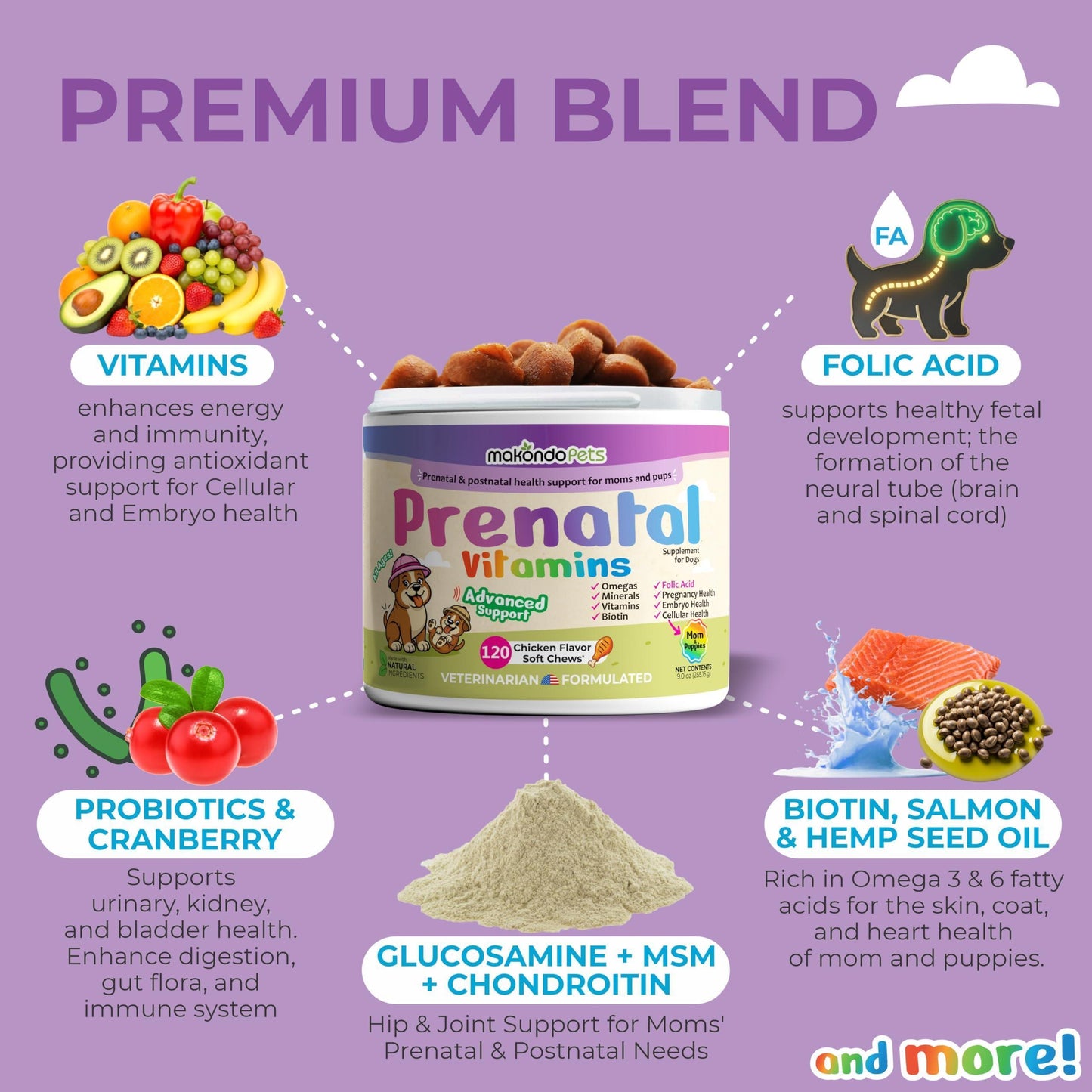 Makondo Pets Dog Prenatal Multivitamin Chews with Folic Acid, Zinc, Vitamin B Complex, DHA & EPA Omegas and Probiotics Supplement for Pregnant, Nursing, Breastfeeding Pet. Mom & Puppy Vitamin Formula. 120 Chews. Chicken Flavor For Pet With Love