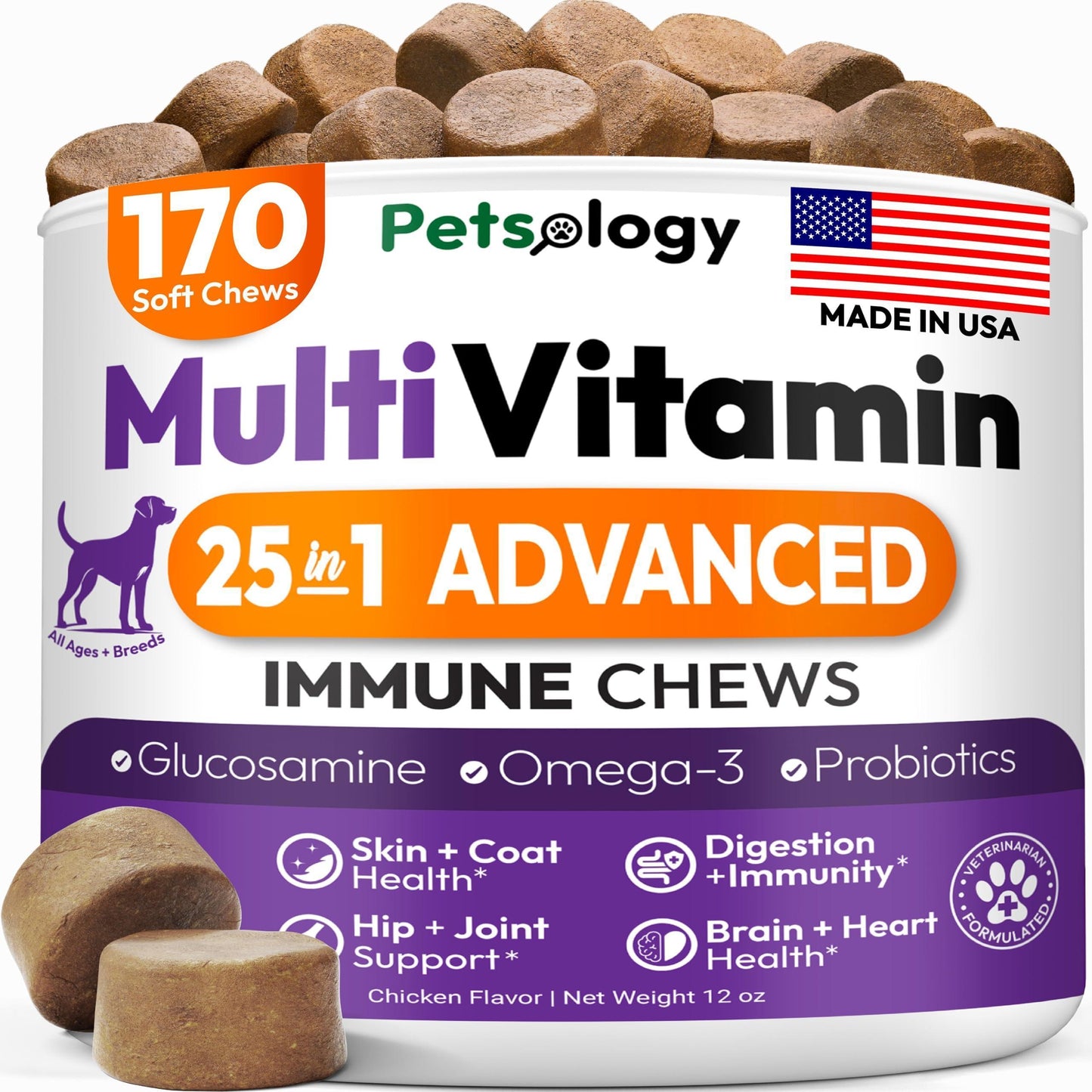 PETSOLOGY Dog Multivitamin and Hip & Joint Support with Glucosamine 170 Chews For Pet With Love