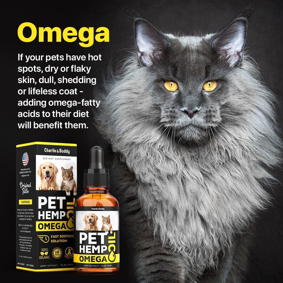 Charlie & Buddy Pet Hemp Oil for Dogs and Cats. Rich in Vitamins B and E. Pet Fish & Hemp Oil for Anxiety and Stress Relief For Pet With Love