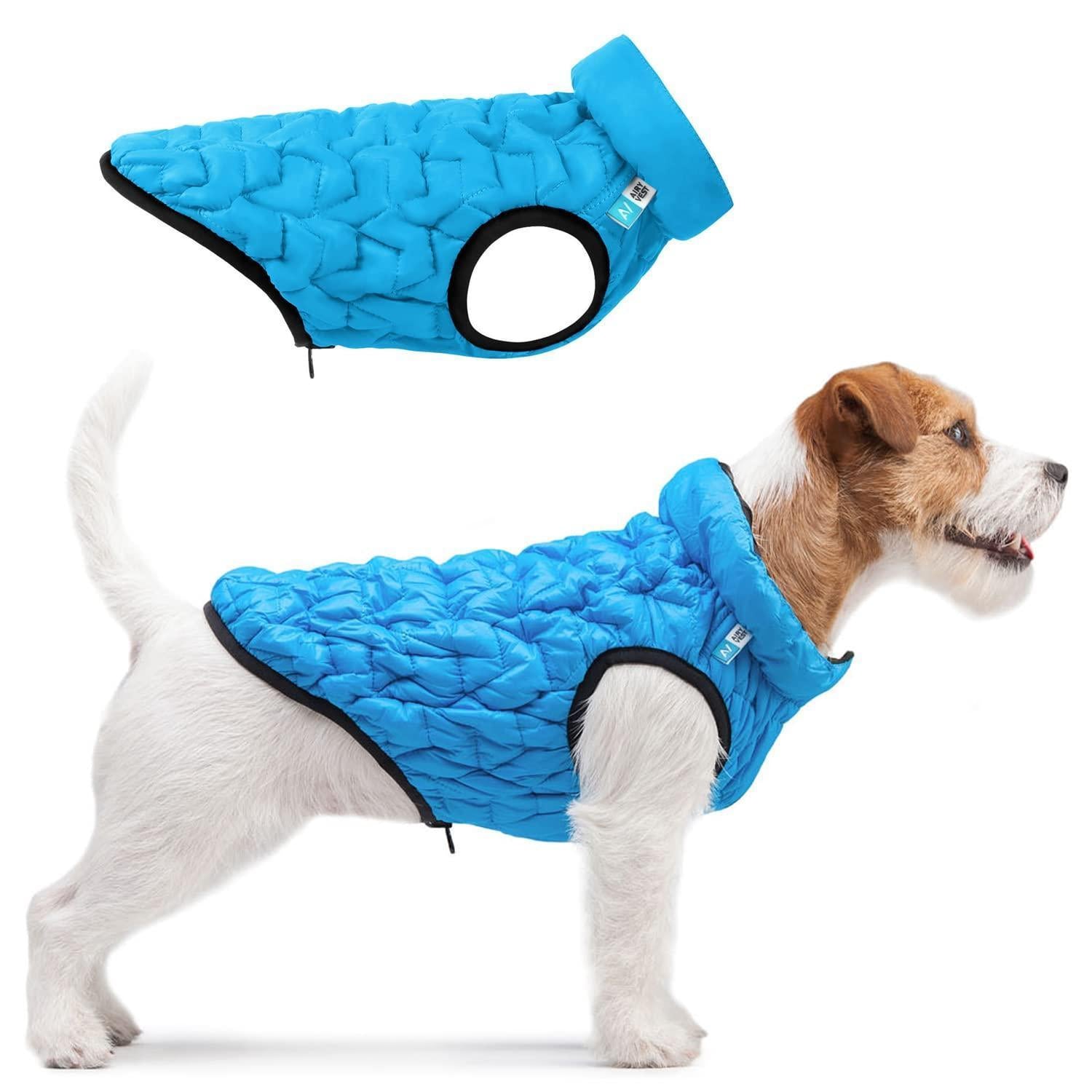 AiryVest Lightweight Reversible Water Resistant Puffer Dog Jacket - XS28 - Blue/Black For Pet With Love