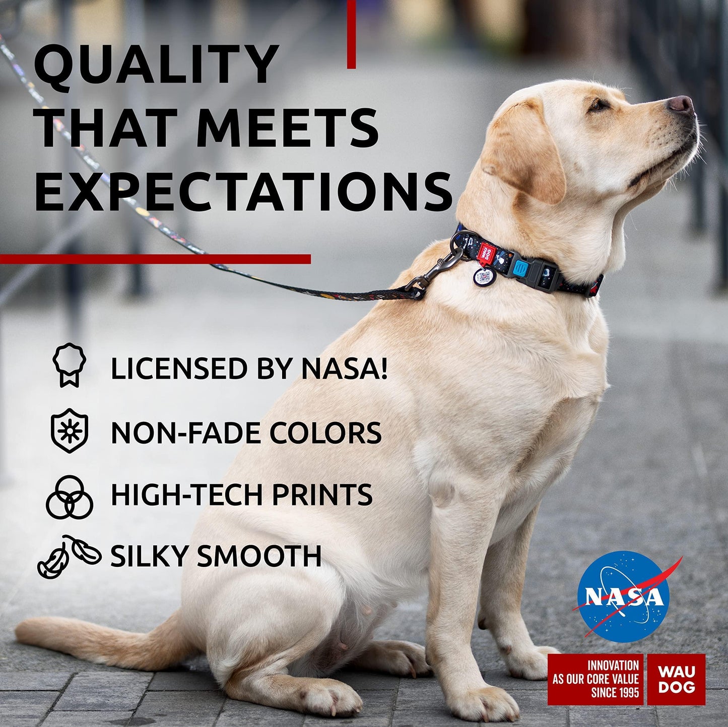 WAUDOG Adjustable Nylon Dog Collar with Durable Plastic Buckle and QR Dog Tag NASA LARGE For Pet With Love