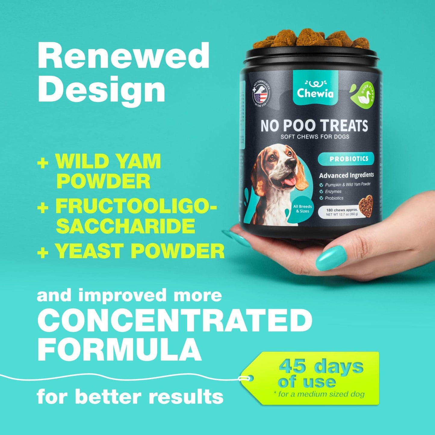 CHEWIA No Poo Probiotics for Digestive Health Supplement and Coprophagia Deterrent Chews for Dogs. Digestive Gut & Immune Health Treats.  180 Chews. Duck Flavor For Pet With Love