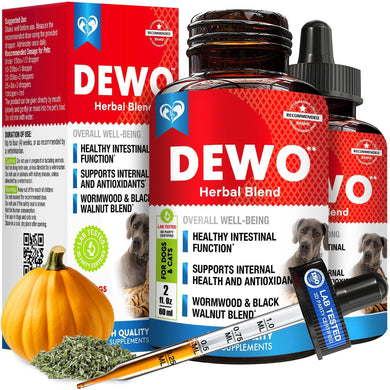 DEWO Herbal Blend supplement packaging with a pumpkin and herbs on a white background