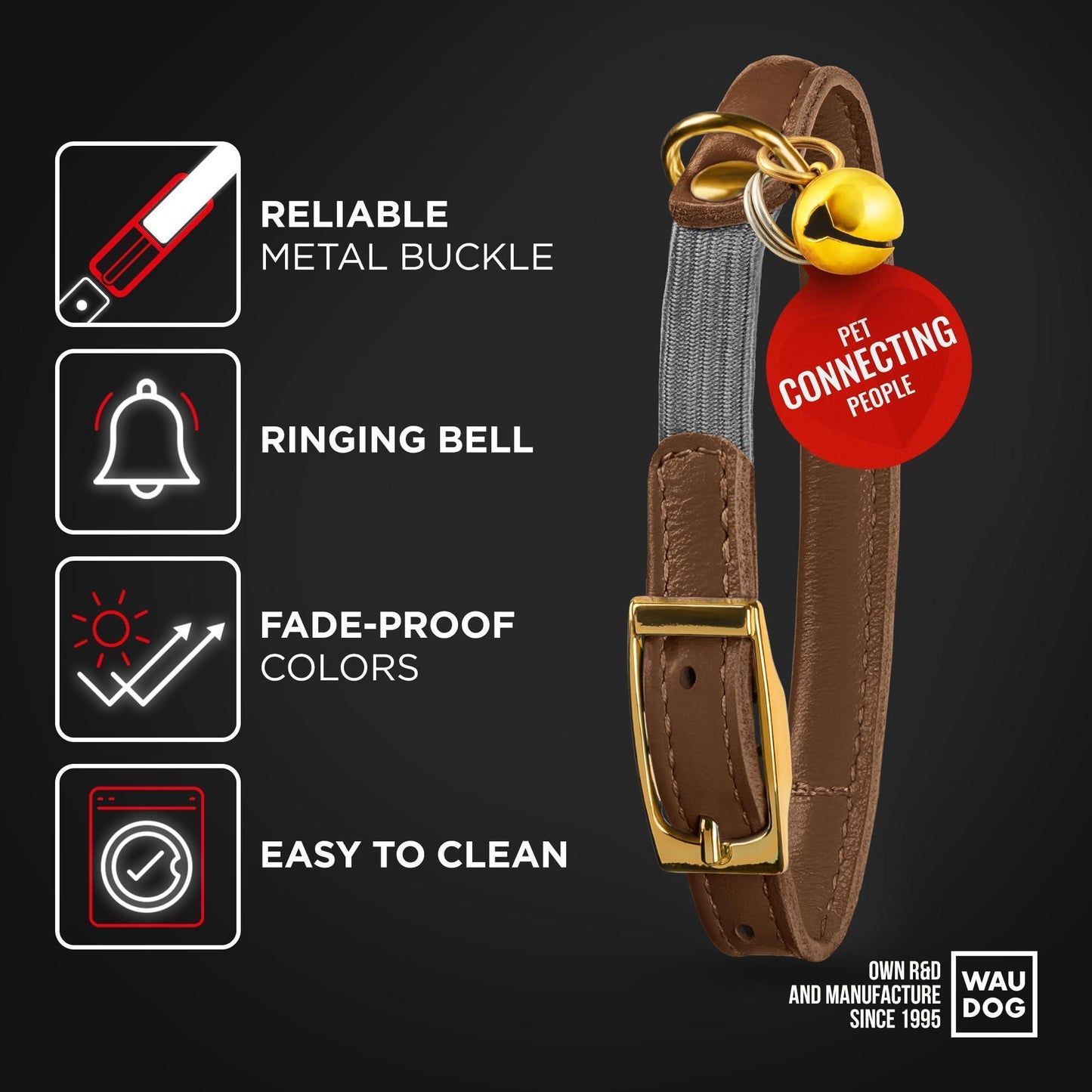 WAUDOG Ultra Soft Rolled Leather Cat Collar with Removable Bell Safety Elastic Strap and QR ID Tag. Brown. (Small) For Pet With Love