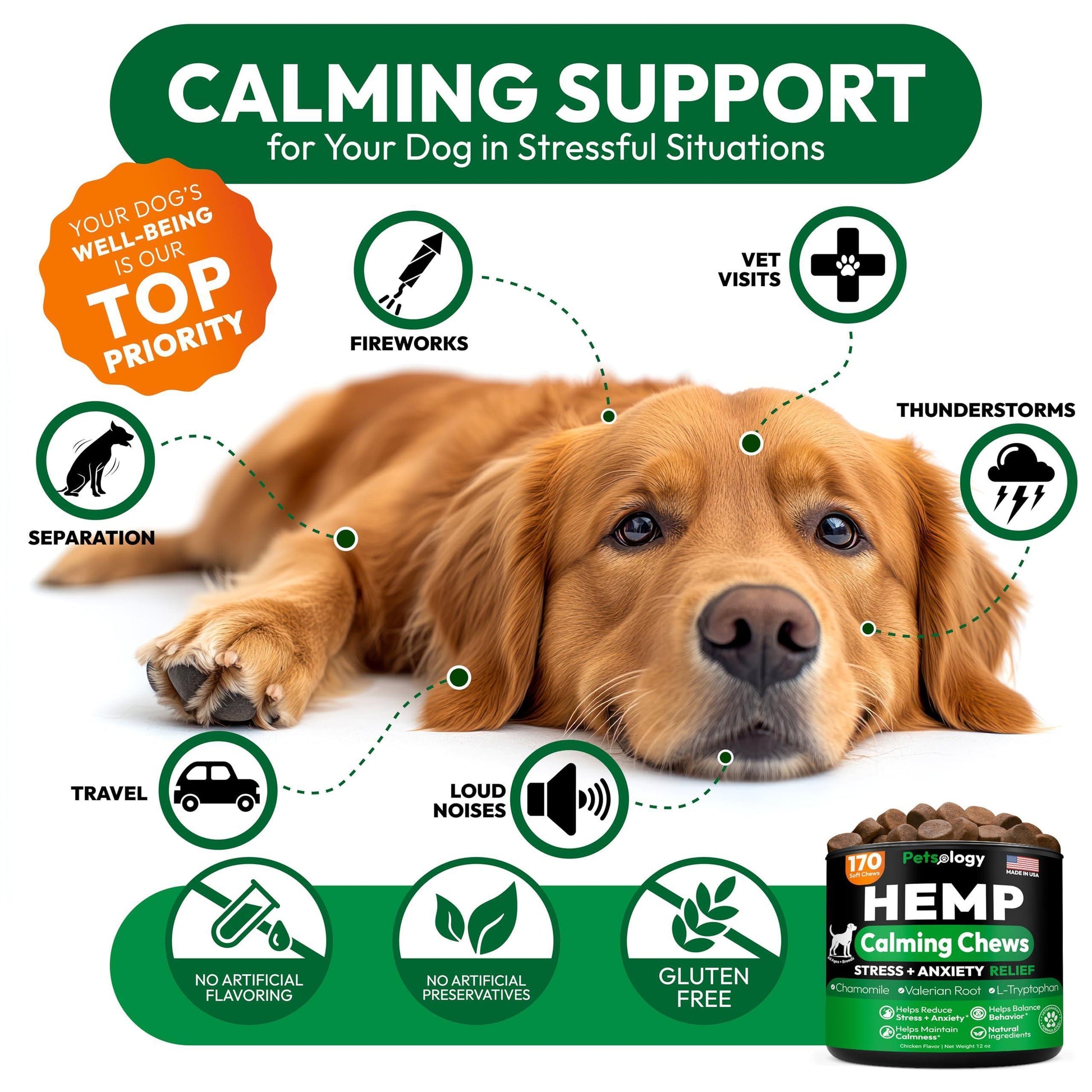 PETSOLOGY Hemp Calming Chews for Dogs. Anxiety Relief, Stress Relief, Separation Aid 170 Chews For Pet With Love