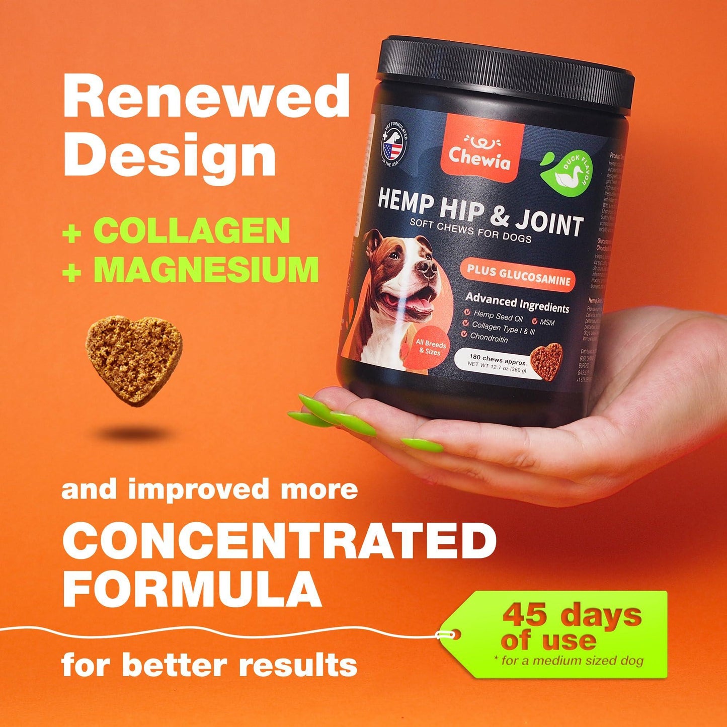 CHEWIA Hemp Glucosamine Chondroitin Hip and Joint Supplement for Dogs 180 Ct For Pet With Love