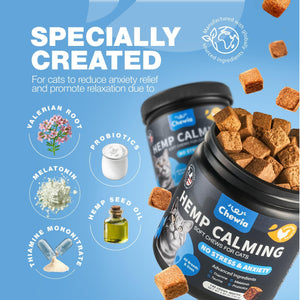 CHEWIA Hemp Calming Care Treats for Cats. Anxiety Relief Melatonin Soft Chews with Hemp Seed Oil and Probiotics (140 Chews)