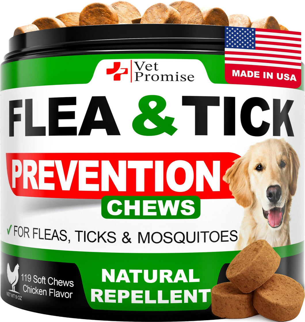 Vet Promise flea and tick prevention chews for dogs with a dog on the label and American flag.