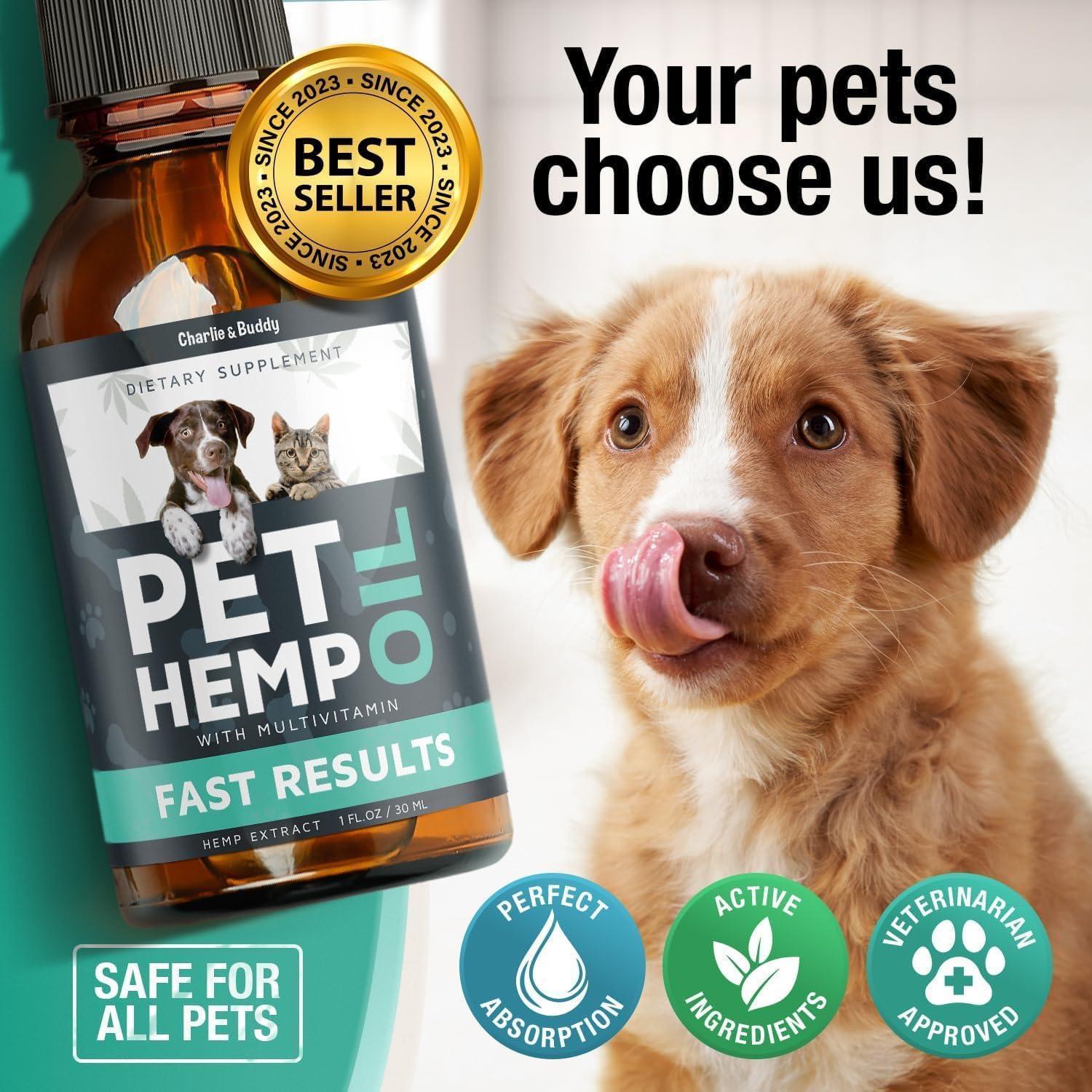 Charlie & Buddy Pet Hemp Oil Supplement for Dogs and Cats. Helps with Anxiety, Pain, Stress, Sleep, Arthritis, Seizures Relief. Joint Health Support - 2Pack For Pet With Love