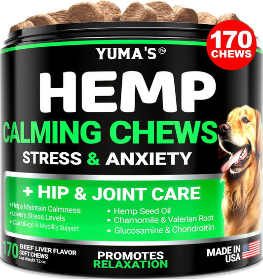 YUMA'S Advanced Hemp Dog Calming Anxiety Relief, Separation Aid, Stress, Hip and Joint Supplement for Canine Health Support Treats (170 Treats. Beef Flavor) For Pet With Love