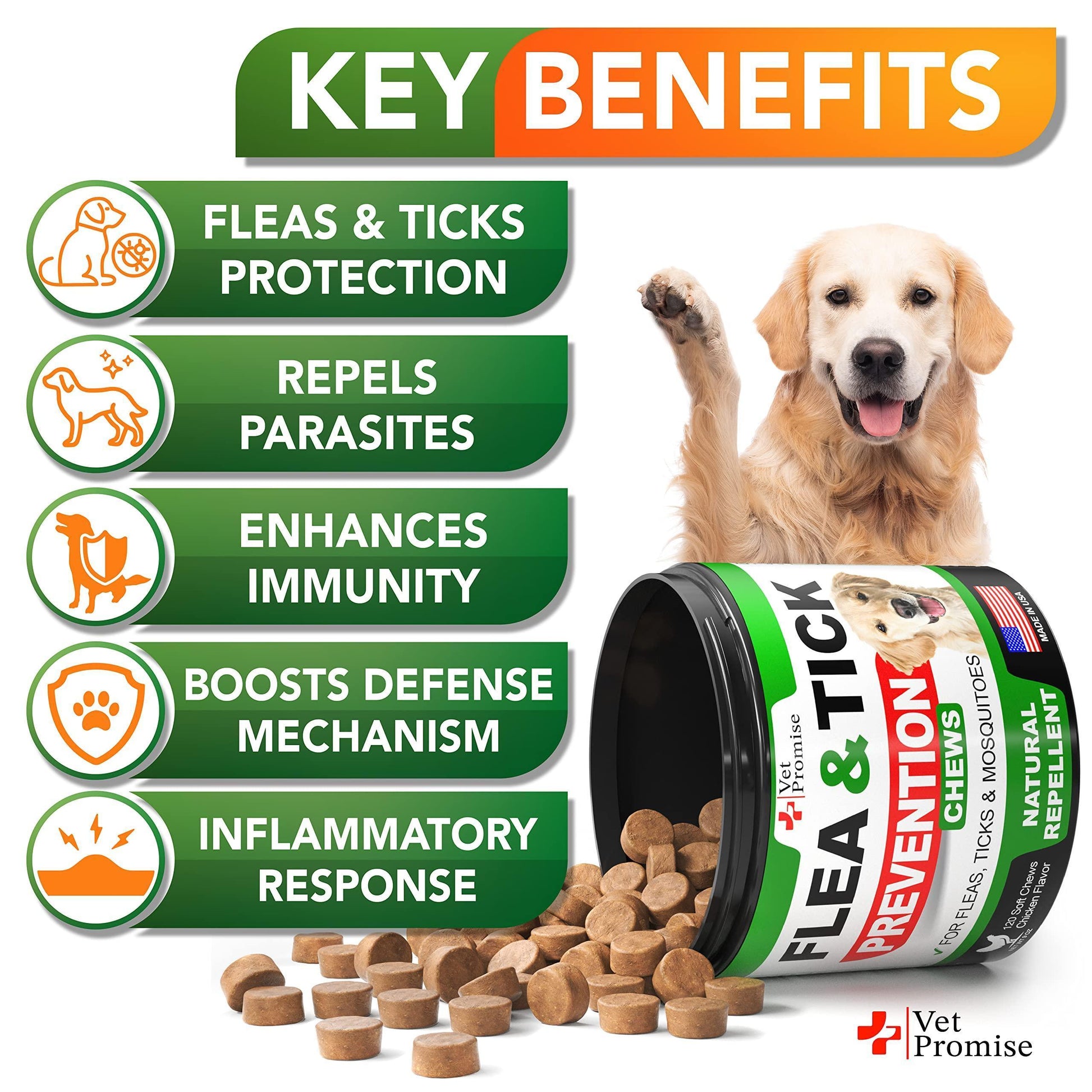 Vet Promise All Natural Flea and Tick Prevention Treatment for Dogs. 120 Chews. Chicken Flavor For Pet With Love