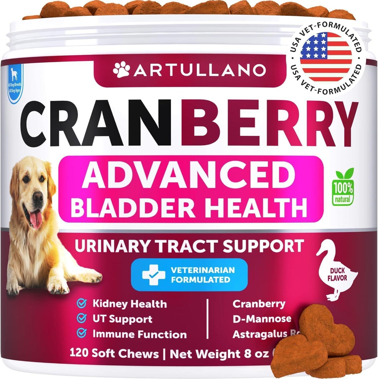 Artullano Cranberry Dog UTI Treatment & Bladder Control Supplement (120 Chews) For Pet With Love