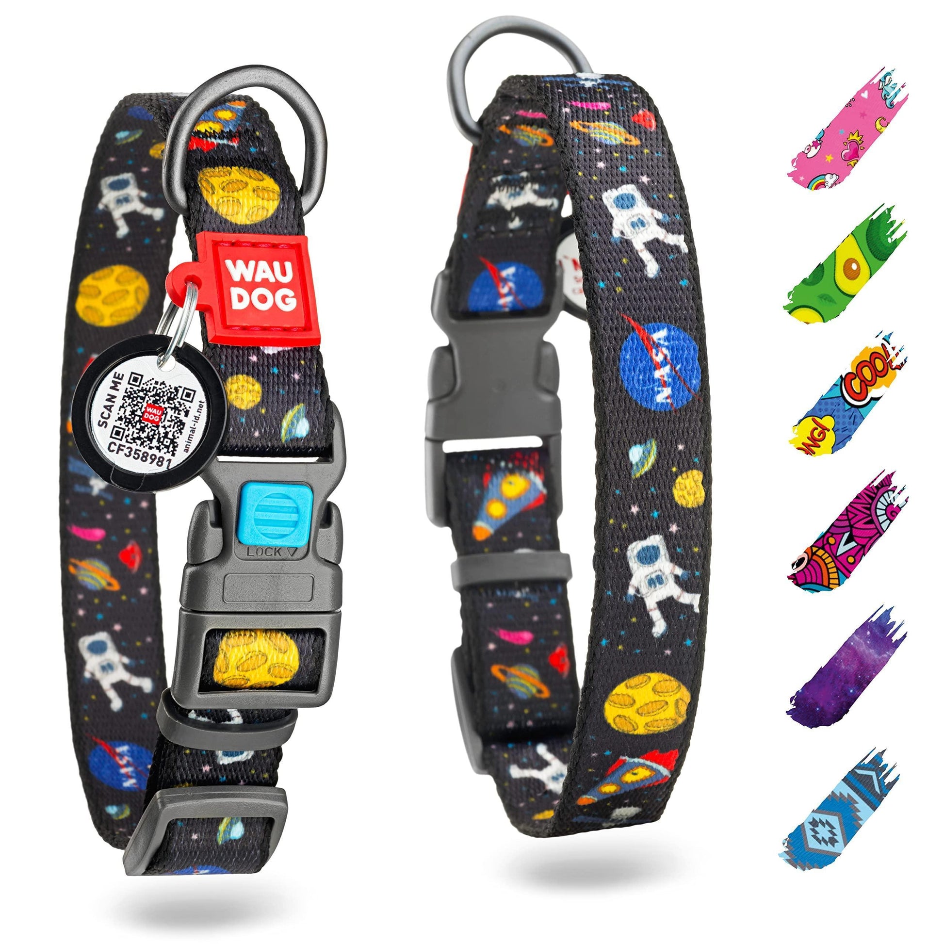 WAUDOG Adjustable Nylon Dog Collar with Durable Plastic Buckle and QR Dog Tag NASA LARGE For Pet With Love