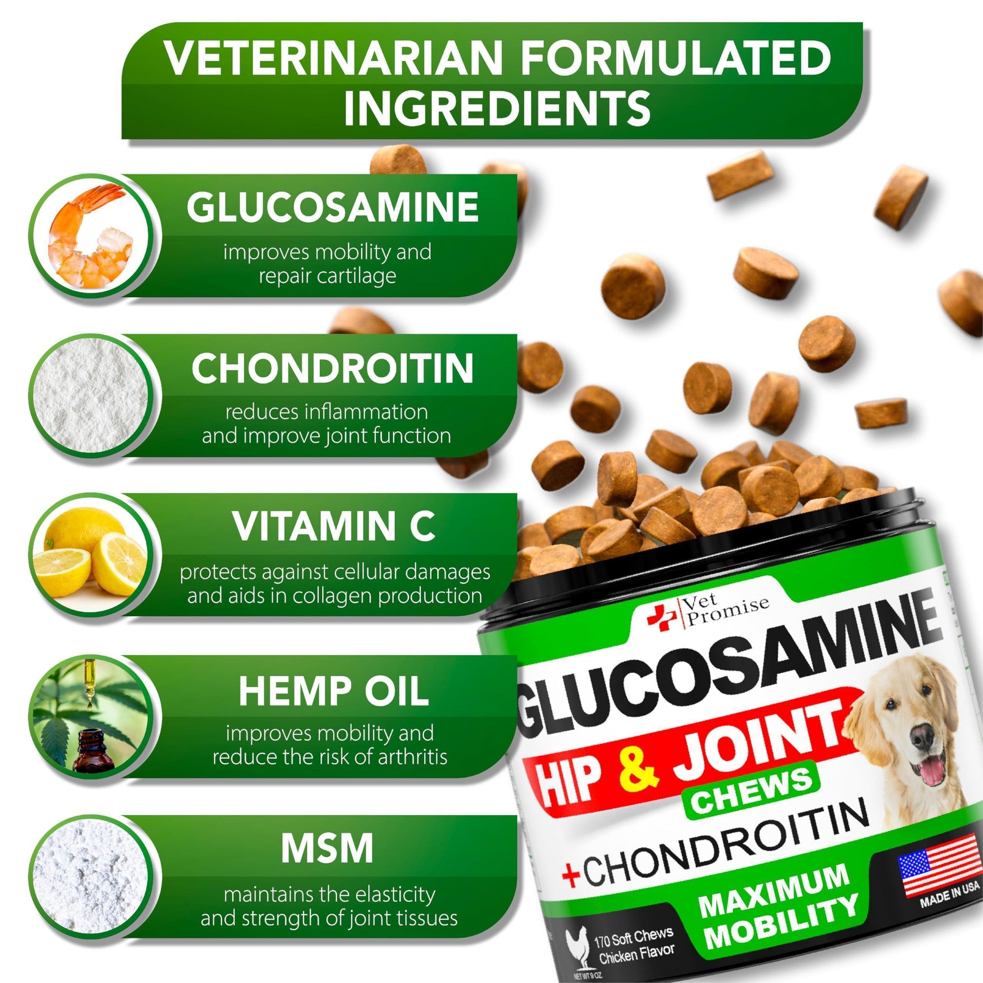 Vet Promise Hip and Joint Supplement with Glucosamine Chondroitin for Dogs 170 Ct For Pet With Love