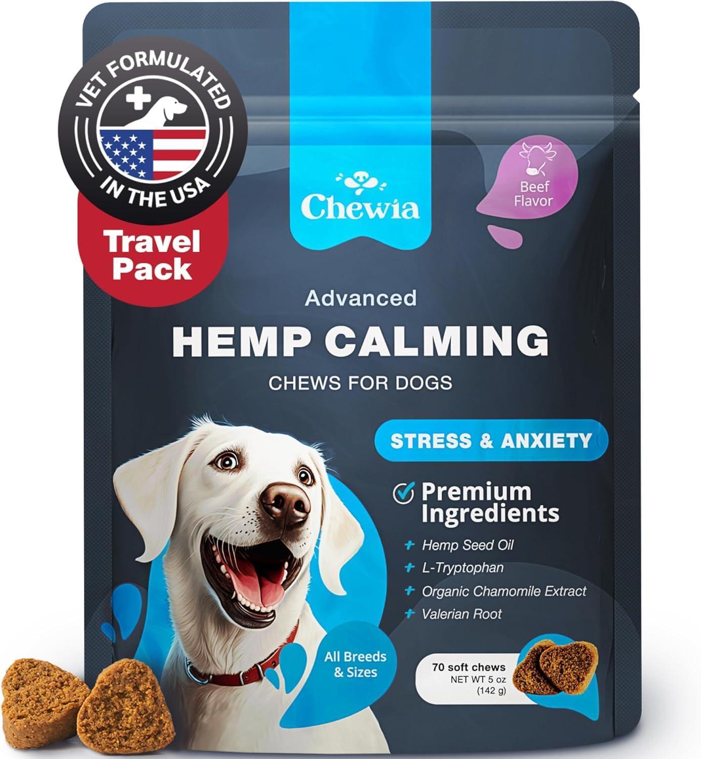 CHEWIA Hemp Calming Anxiety Relief Chews for Dogs Beef Flavor. Travel Pack 5 Oz For Pet With Love