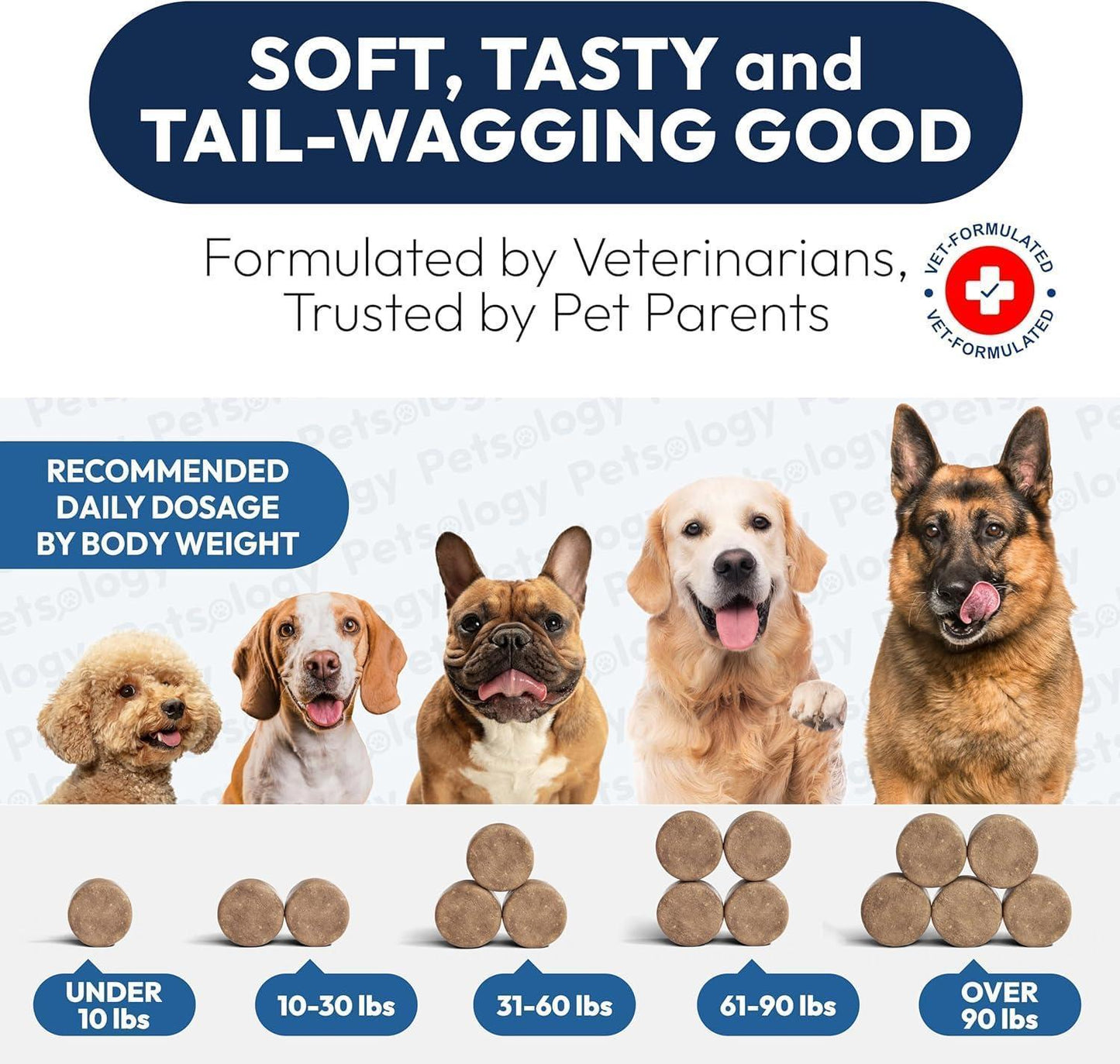 PETSOLOGY Probiotics, Digestive Enzymes & Prebiotics for Dogs. Advanced Supplement helps Itchy Skin and Allergies. Supports Gut Health. Diarrhea, Gas & Constipation Relief (2 Pack) 340 Chews For Pet With Love