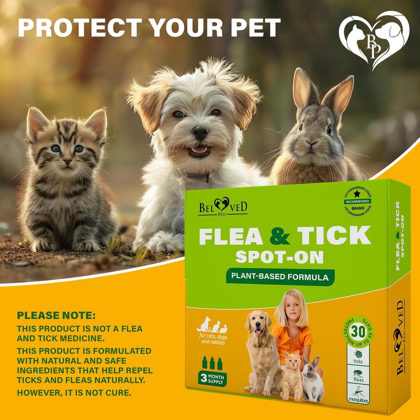 Beloved Pets Natural Flea and Tick Prevention for Dogs, Cats & Rabbits. Topical Flea & Mosquito Repellent. 3 Months Supply For Pet With Love