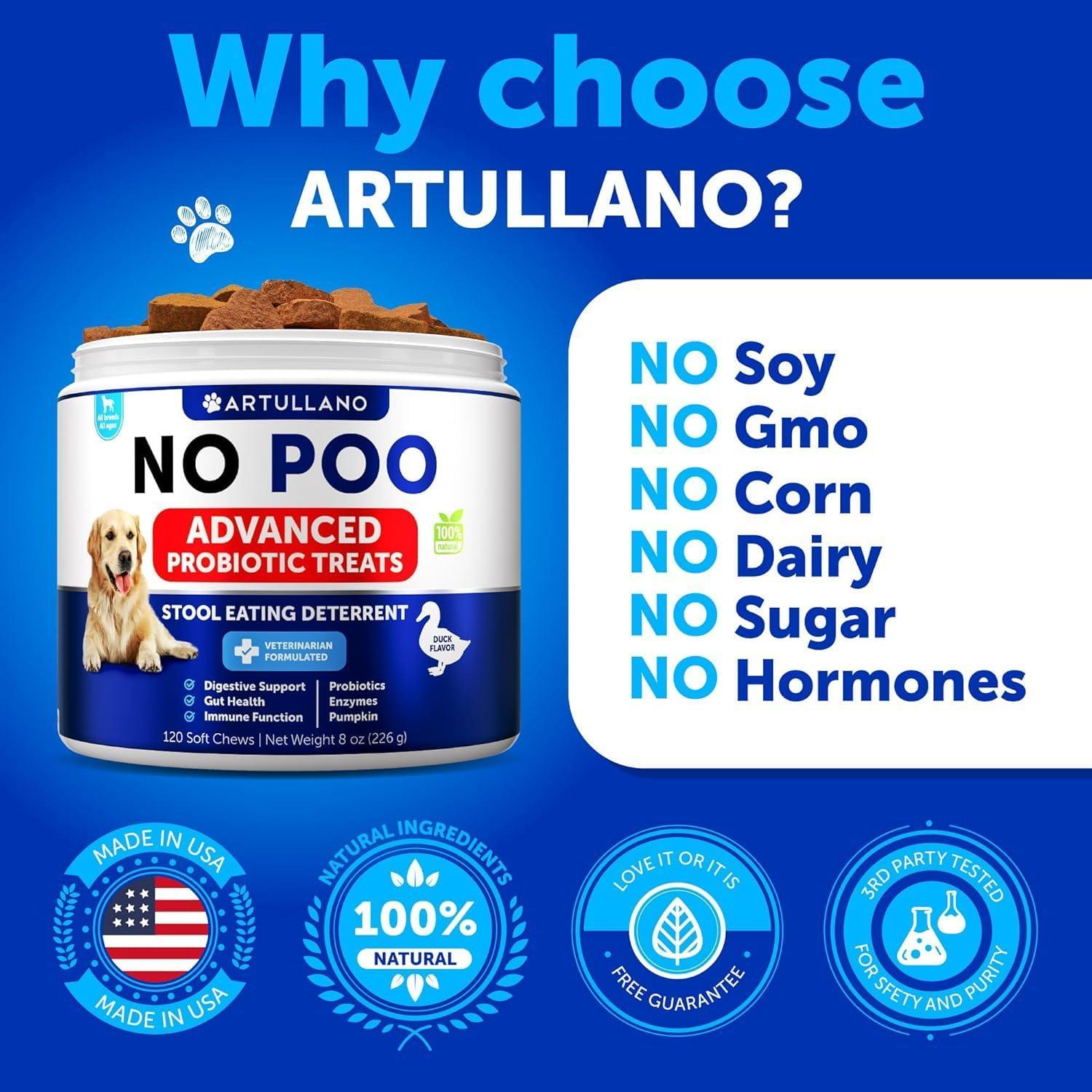 Artullano NO POO Chews for Dogs & Puppies w/Probiotics & Enzymes Digestive Gut Health Support Supplement 120 Chews For Pet With Love
