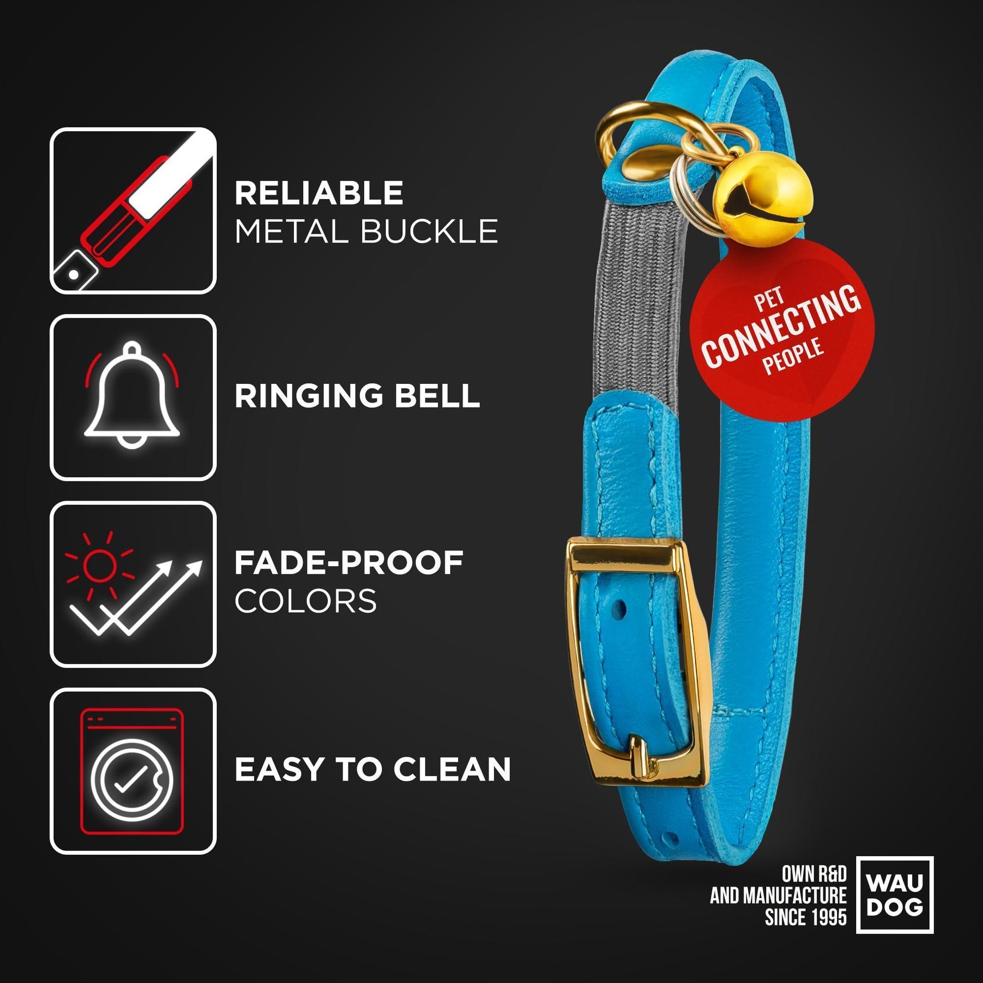 WAUDOG Ultra Soft Rolled Leather Cat Collar with Removable Bell Safety Elastic Strap and QR ID Tag. Blue. (SMALL) For Pet With Love