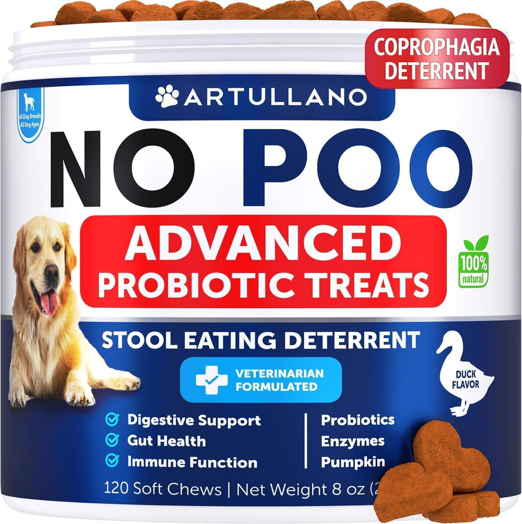 Artullano NO POO Chews for Dogs & Puppies w/Probiotics & Enzymes Digestive Gut Health Support Supplement 120 Chews For Pet With Love