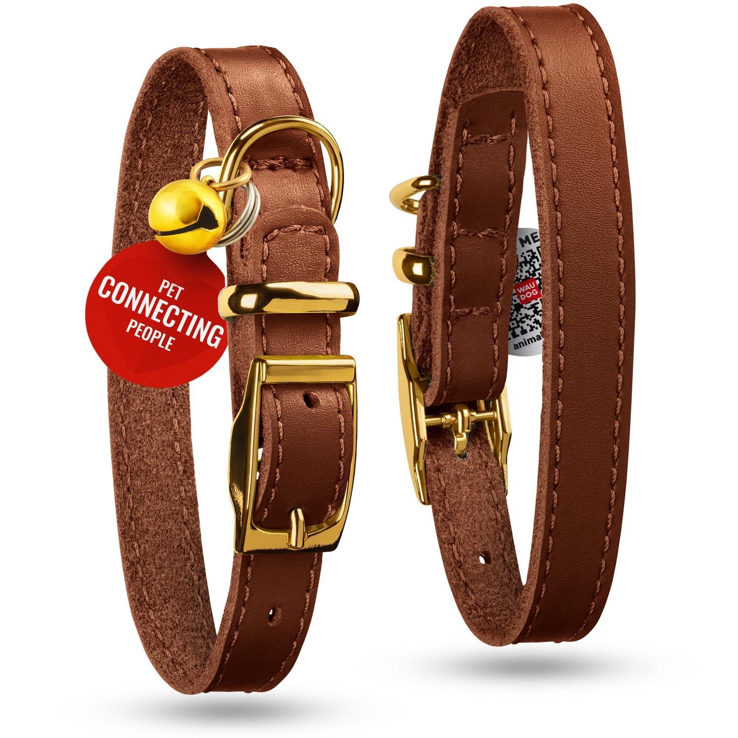 WAUDOG Leather Cat Collar with Removable Bell and QR ID Tag. BROWN. MEDIUM For Pet With Love