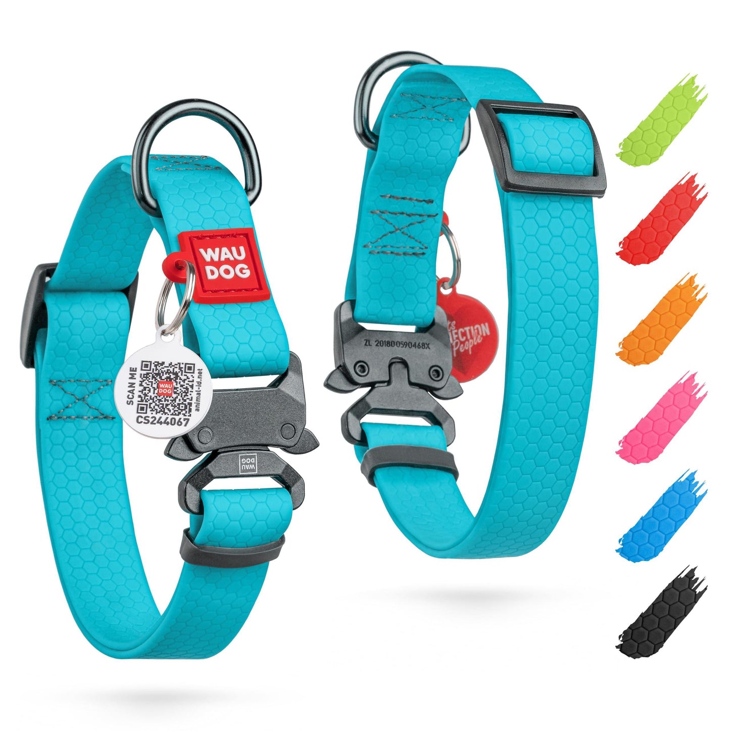 WAUDOG Adjustable Waterproof Glow in the Dark Dog Collar with Plastic Buckle and QR Dog Tag MINT MEDIUM For Pet With Love
