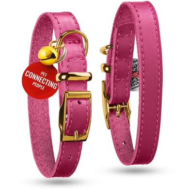 WAUDOG Leather Cat Collar with Removable Bell and QR ID Tag. PINK. MEDIUM For Pet With Love