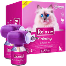 Load image into Gallery viewer, Relaxiv Calming diffuser kit for cats with packaging featuring a cat on a pink background.
