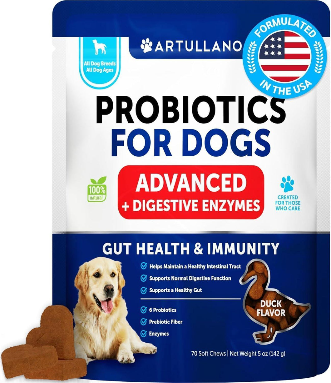 Artullano probiotics for dogs packaging with a dog and duck illustration on a blue and white background.