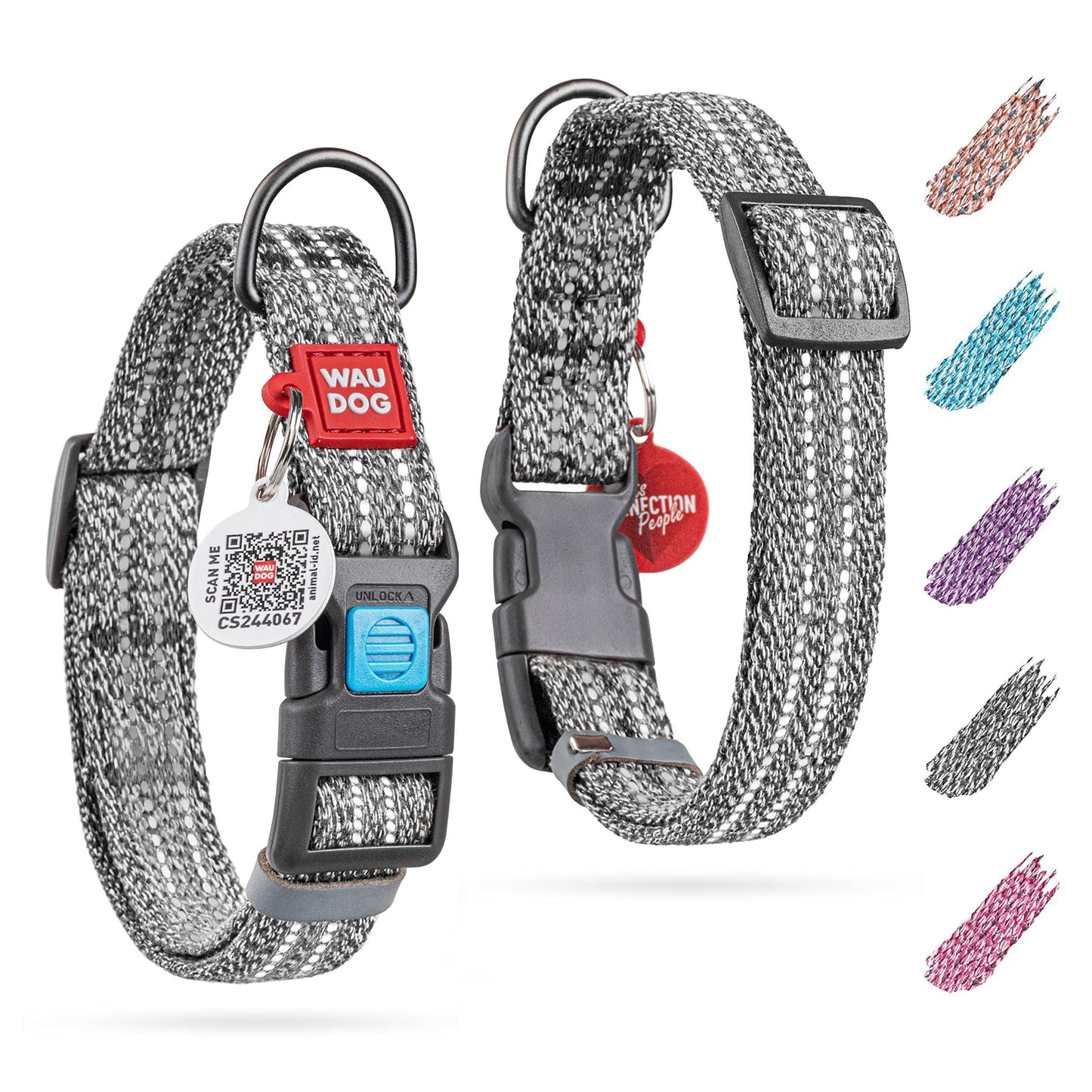 WAUDOG Adjustable Reflective Cotton Dog Collar with QR ID Tag. Eco Friendly Alternative to Nylon. XLARGE. Gray. For Pet With Love