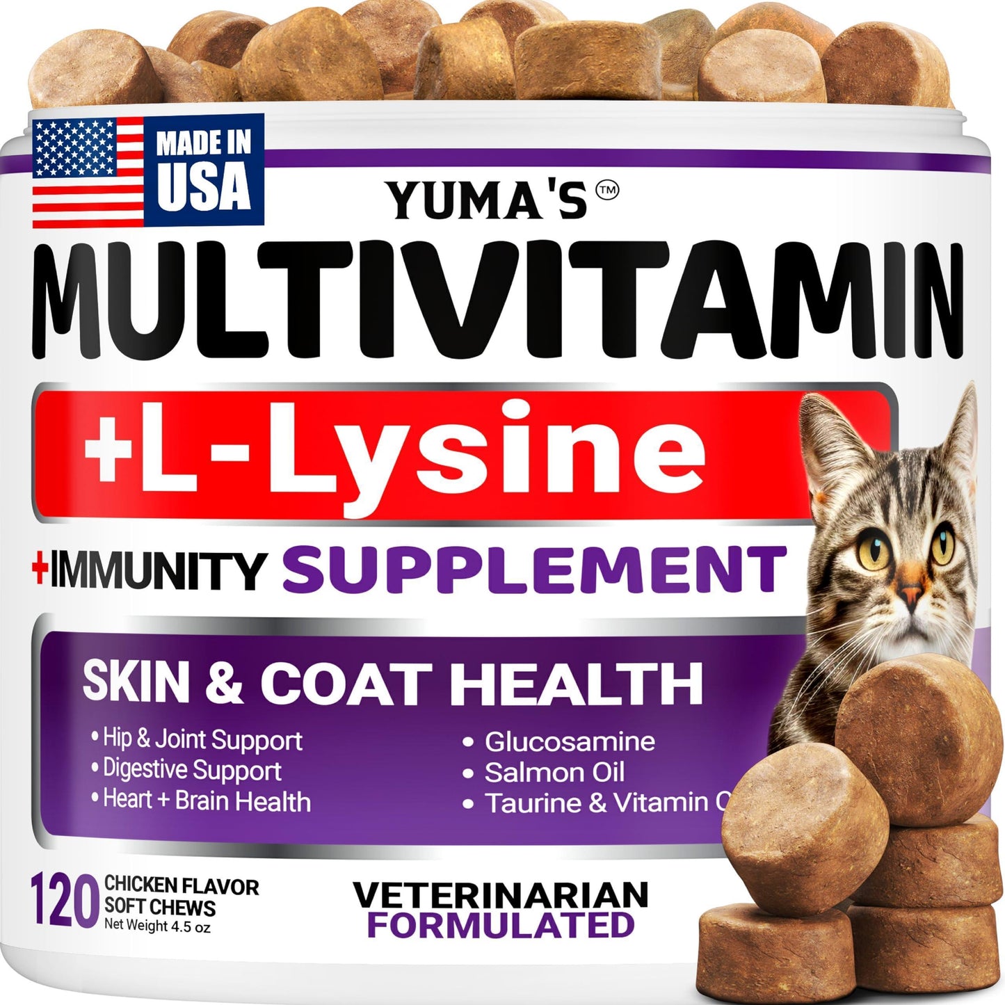 YUMA'S Multivitamin + Immunity Chewable Supplement Treats for Cats. Hip & Joint Support, Immune Health, Skin and Heart Supplement. Digestion Probiotics.