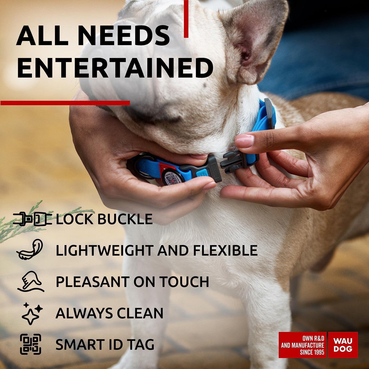 WAUDOG Adjustable Waterproof Dog Collar with Plastic Buckle and QR Dog Tag BLUE MEDIUM For Pet With Love