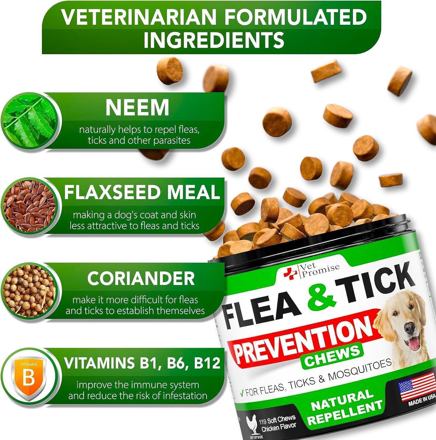 Vet Promise Natural Flea and Tick Prevention Advanced Oral Treats Supplement for Dogs. Made in USA. 119 Chews. Chicken Flavor For Pet With Love