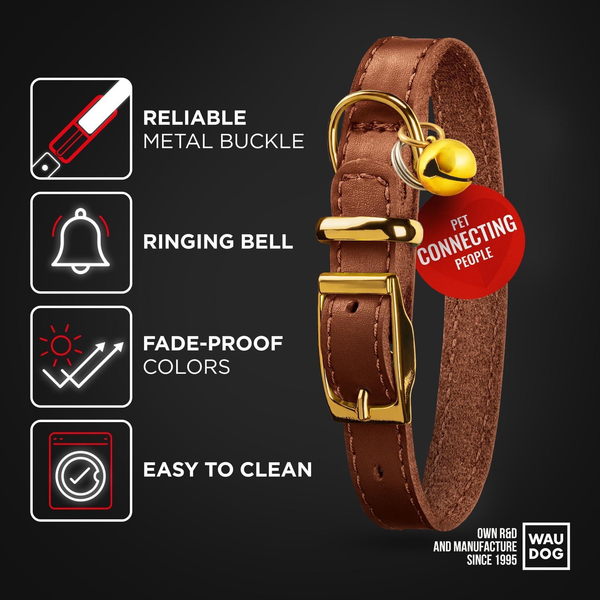 WAUDOG Leather Cat Collar with Removable Bell and QR ID Tag. BROWN. SMALL For Pet With Love