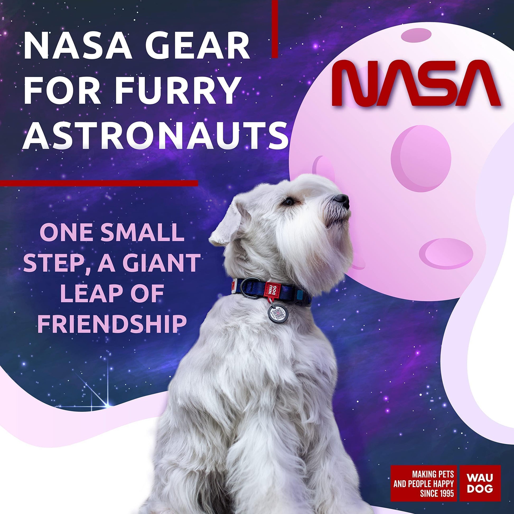 WAUDOG Adjustable Nylon Dog Collar with Durable Plastic Buckle and QR Dog Tag. MEDIUM (NASA-2 Print) For Pet With Love