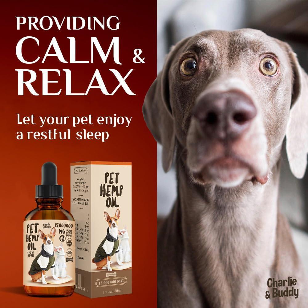 Charlie & Buddy Hemp Oil for Dogs and Cats. Hip and Joint Support and Skin Health Anxiety Calm. Omega 3, 6, 9, and Vitamins B, C, and E For Pet With Love