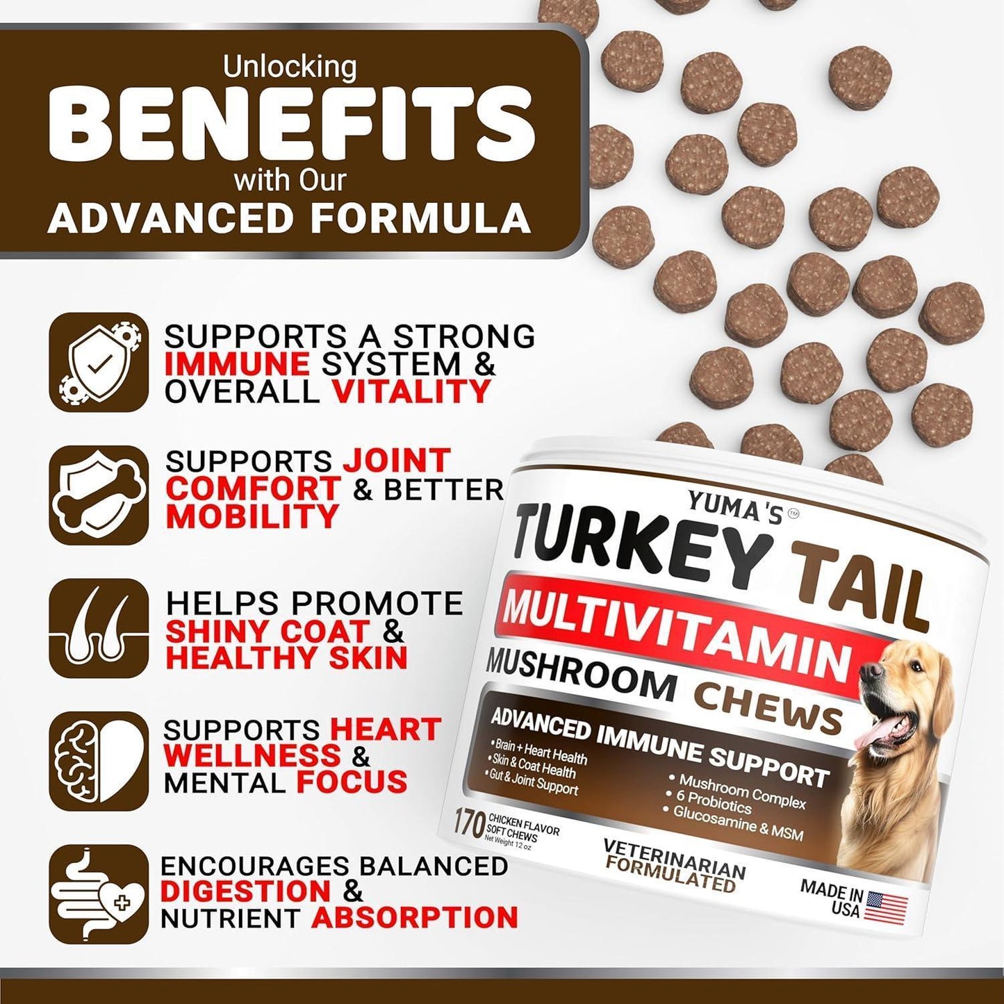 YUMA'S Turkey Tail Mushroom Dog Vitamins and Supplements for Dogs. 170 Chews For Pet With Love
