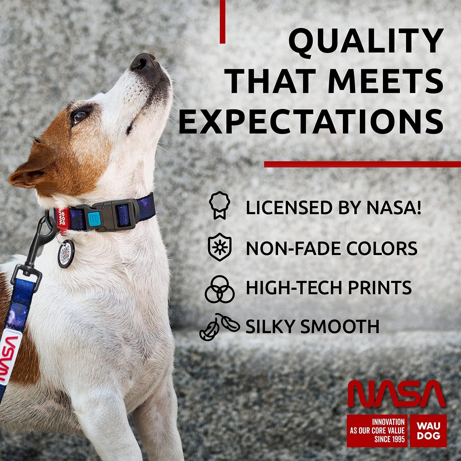 WAUDOG Adjustable Nylon Dog Collar with Durable Plastic Buckle and QR Dog Tag. SMALL (NASA-2 Print) For Pet With Love