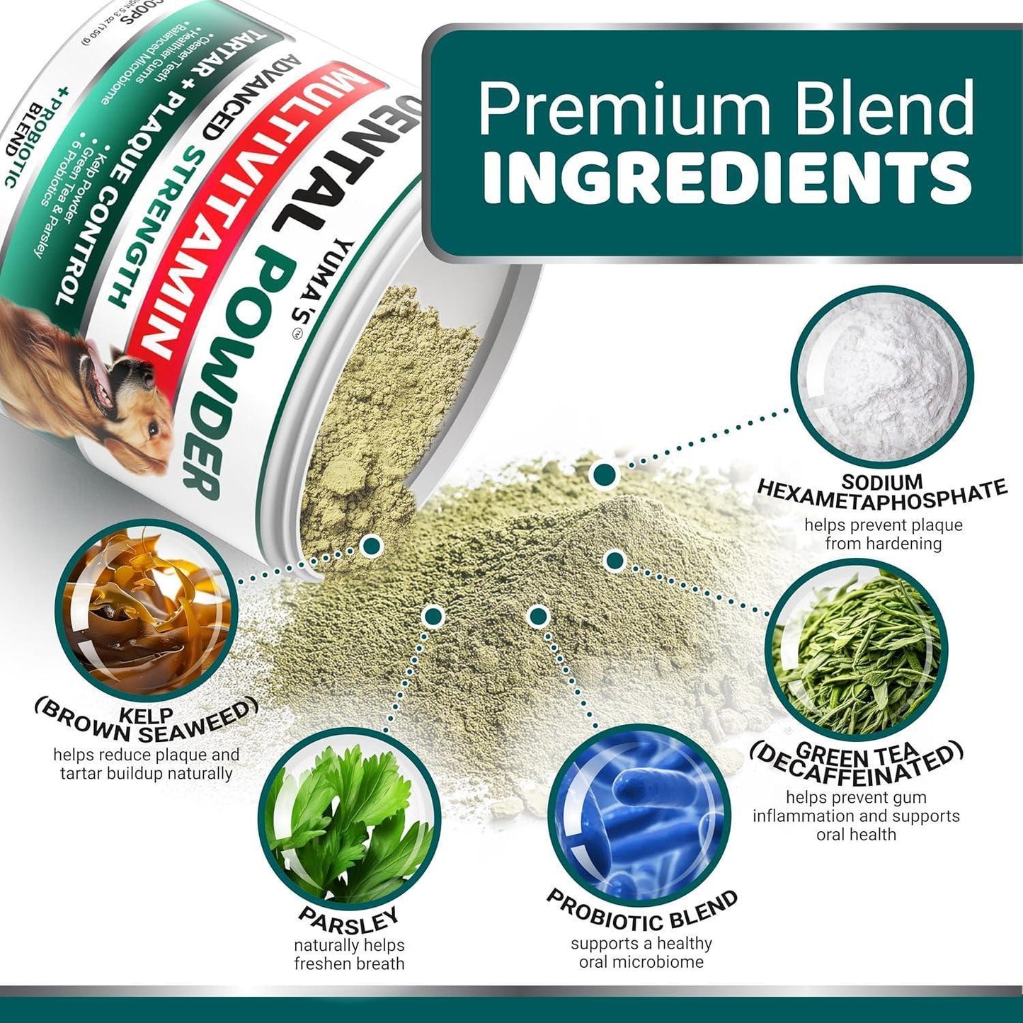 YUMA'S Breath Freshener with Multivitamin Dog Teeth Cleaning Dental Powder. Tartar and Plaque Control with Probiotics Immune Support for Dogs For Pet With Love