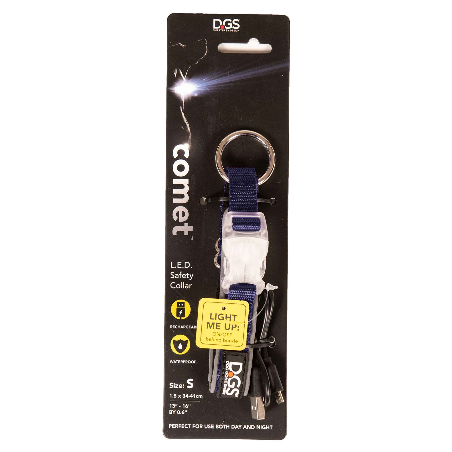DGS Pet Products Comet Rechargeable Light Up Dog Collar Small Navy 13.5 - 16 x 0.6 For Pet With Love