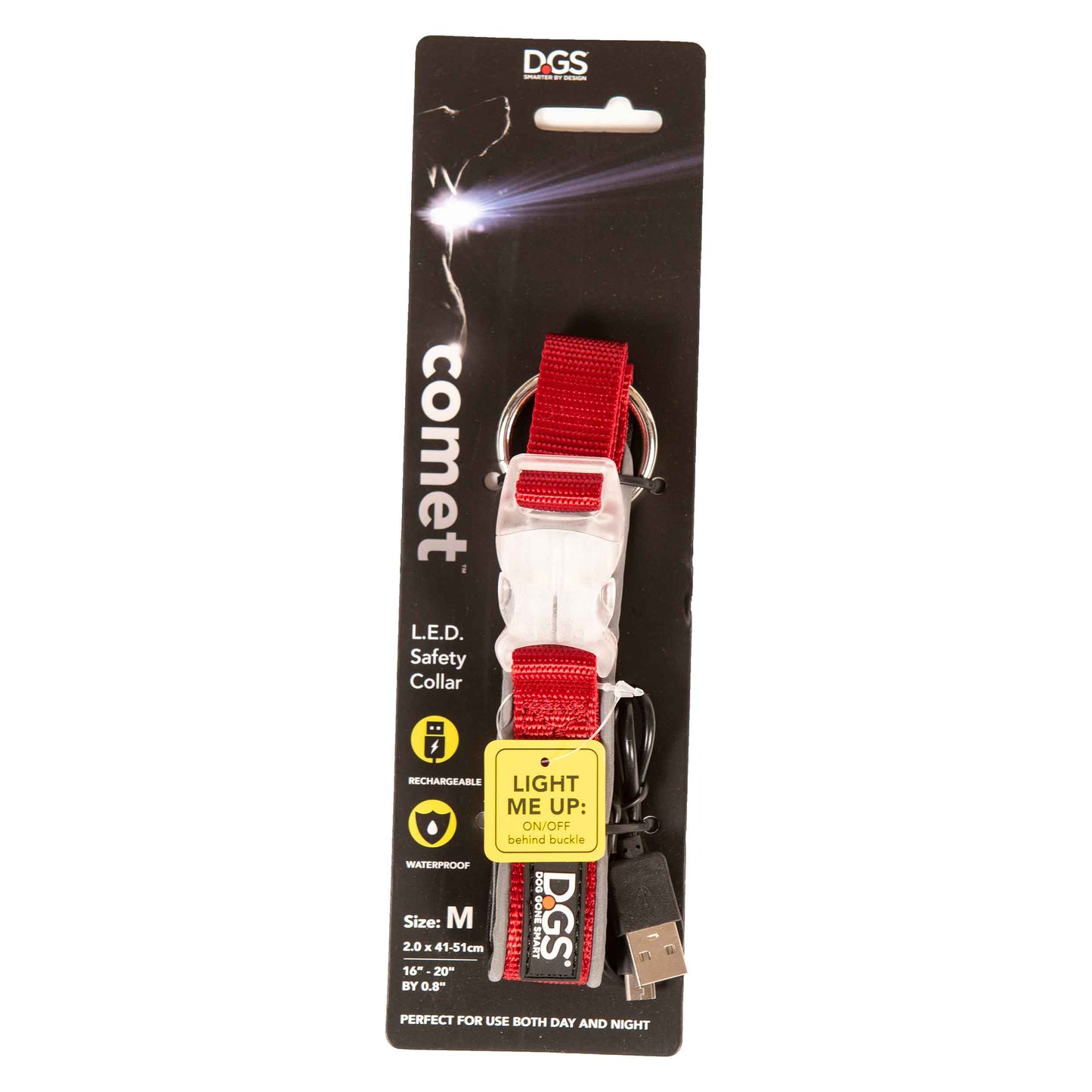 DGS Pet Products Comet Rechargeable Light Up Dog Collar Medium Red 16 - 20 x 0.75 For Pet With Love