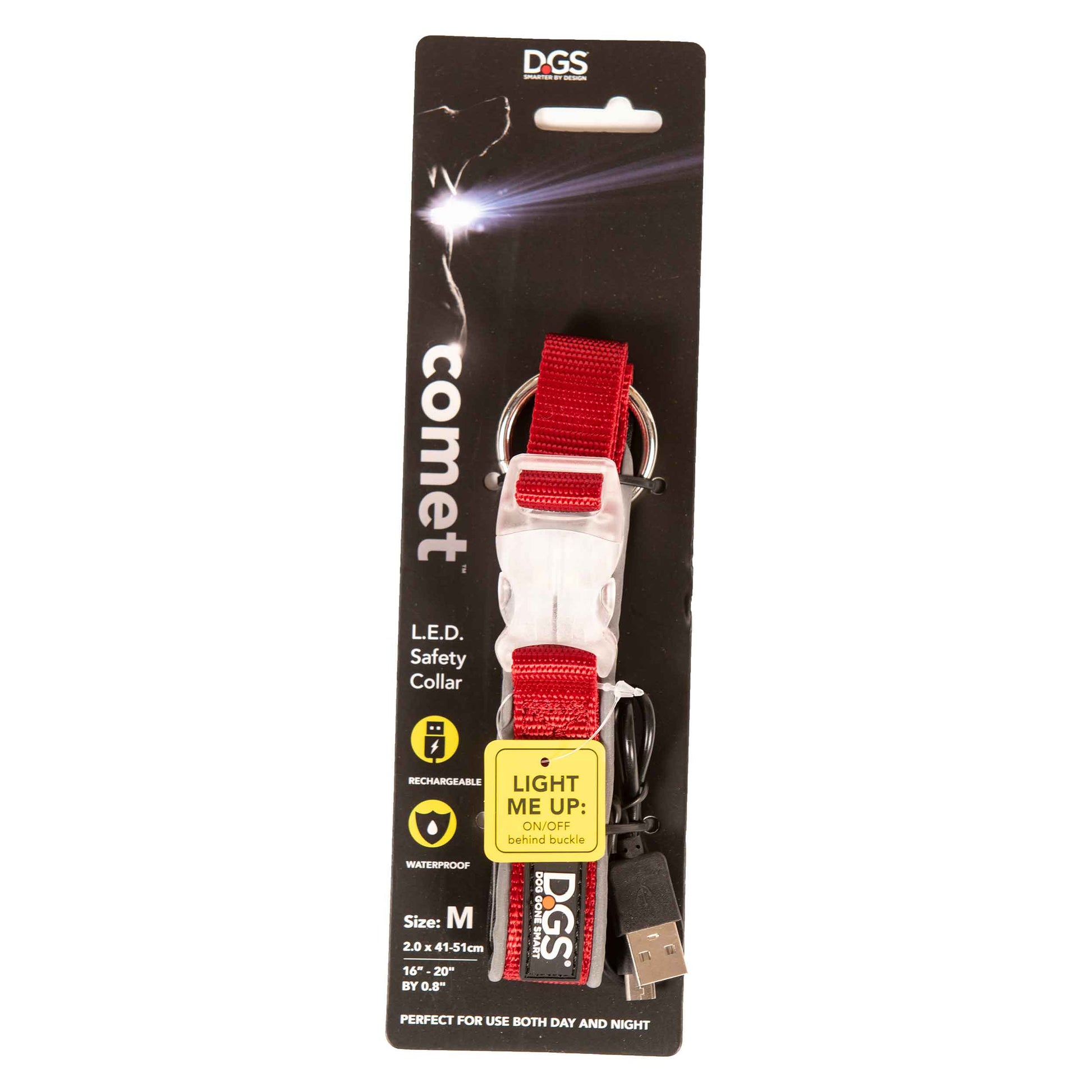 DGS Pet Products Comet Rechargeable Light Up Dog Collar Medium Red 16 - 20 x 0.75 For Pet With Love