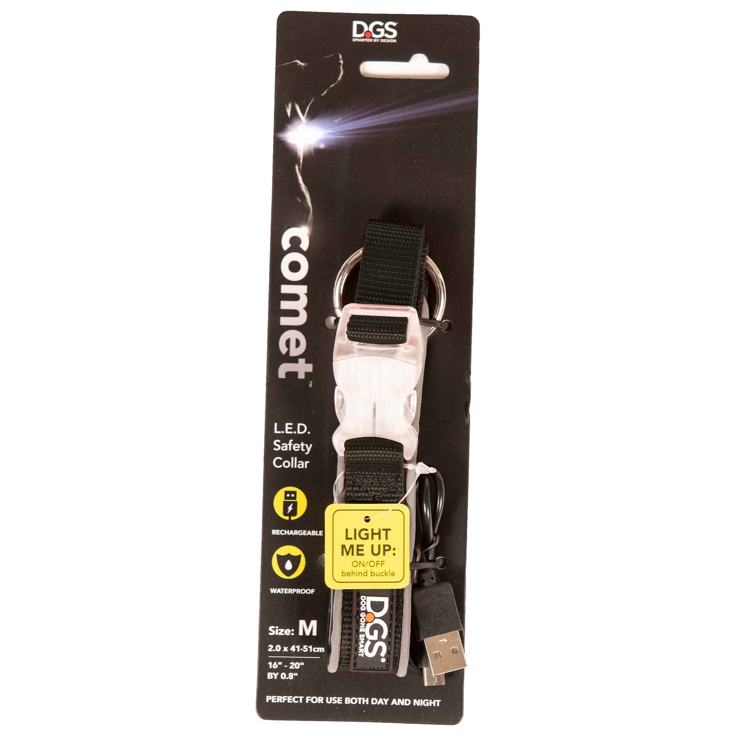 DGS Pet Products Comet Rechargeable Light Up Dog Collar Medium Black 16 - 20 x 0.75 For Pet With Love